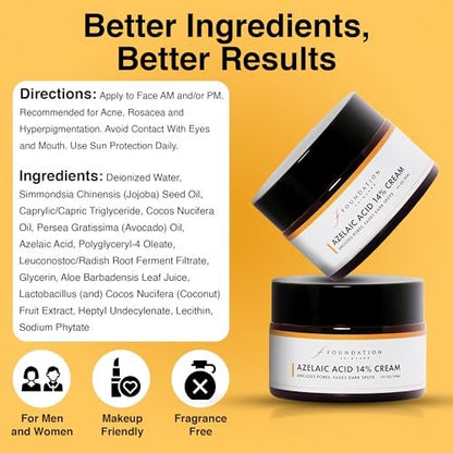 Foundation Skincare Azelaic Acid for Face 14% (1 Fl Oz) – Dermatologist Formula for Uneven and Blemish-Prone Skin, Supports Balanced Tone & Smooth Texture for Men & Women Avelisse