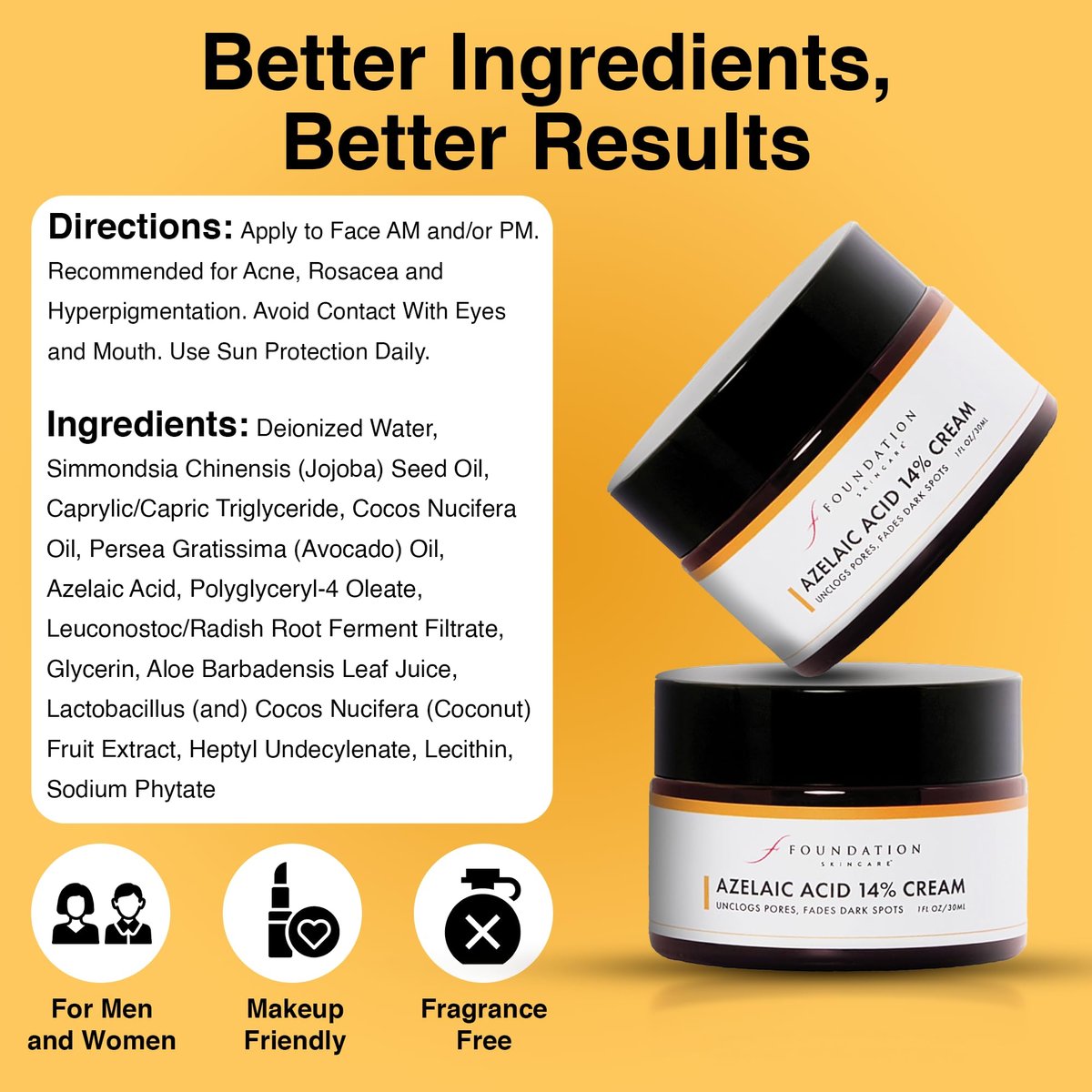 Foundation Skincare Azelaic Acid for Face 14% (1 Fl Oz) – Dermatologist Formula for Uneven and Blemish-Prone Skin, Supports Balanced Tone & Smooth Texture for Men & Women Avelisse