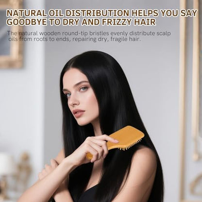Natural Wood Bristle Hair Brush for All Hair Types – Smooth & Shiny Results for Men, Women, Kids