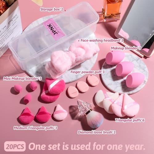 JPNK 20-Piece Makeup Sponge Set with Powder Puff Brush – Pink PU Sponges for Liquid, Cream & Powder Application - görsel 4