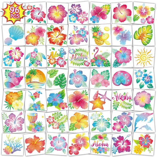 96PCS Glitter Hibiscus Temporary Tattoos for Women, Summer Hawaiian Flower Tattoos, Aloha Party Luau Beach Favors, Tropical Theme Decorations