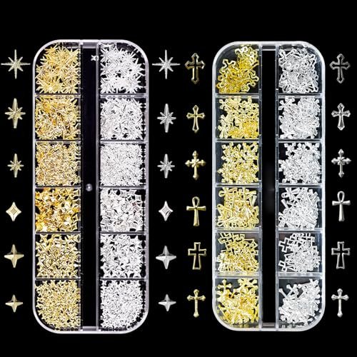 3D Cross Nail Charms Gold Star Nail Gems Vintage Punk Metal Alloy Gold Silver Cross Star Nail Decorations for Gel Polish Supplies - 2 Boxes