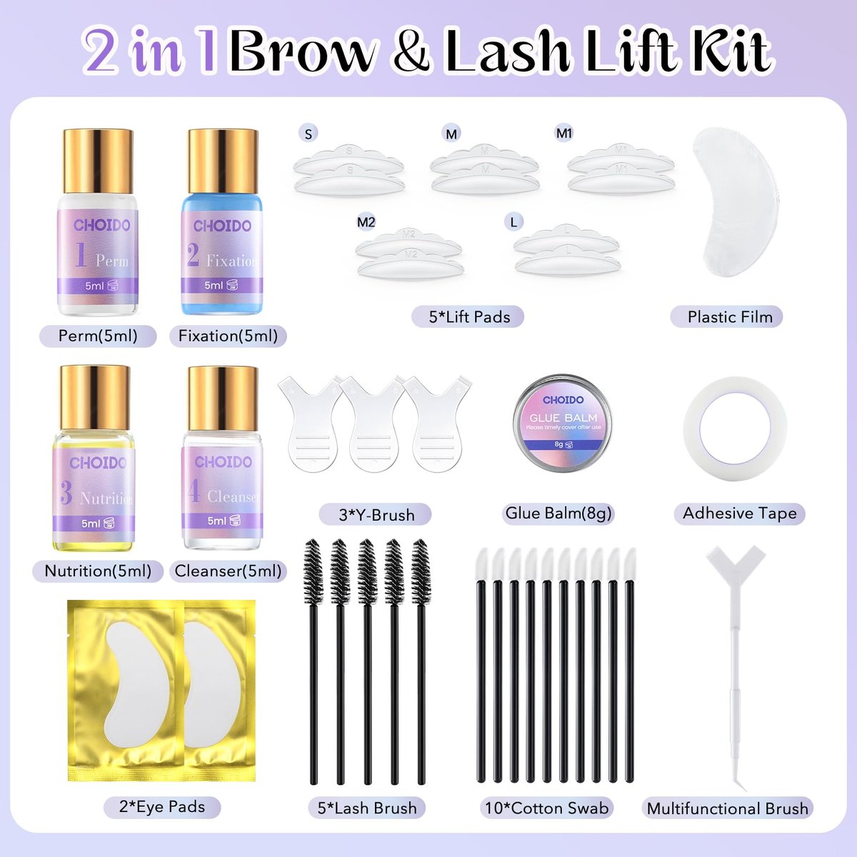 Choido 2-in-1 Lash Lift & Eyebrow Lamination Kit - Professional Eyelash Perm & Curling Kit for Salon or DIY Home Use, Lasts 6-8 Weeks (Purple) Avelisse