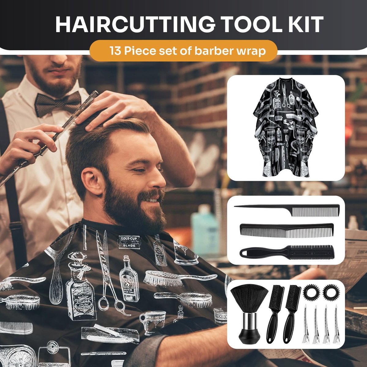 JZko Barber Cape 13-Piece Set with Neck Duster Brush - Extra Long 63"x55" Adjustable Hair Cutting Cape for Men, Women, Kids - Professional Salon & Home Use - görsel 13