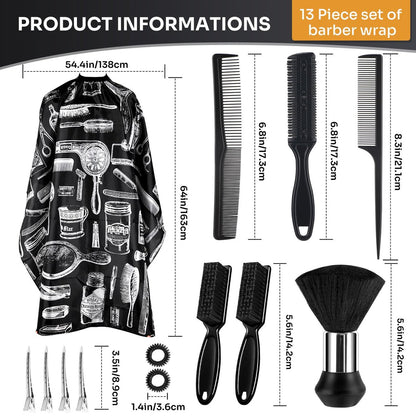 JZko Barber Cape 13-Piece Set with Neck Duster Brush - Extra Long 63"x55" Adjustable Hair Cutting Cape for Men, Women, Kids - Professional Salon & Home Use
