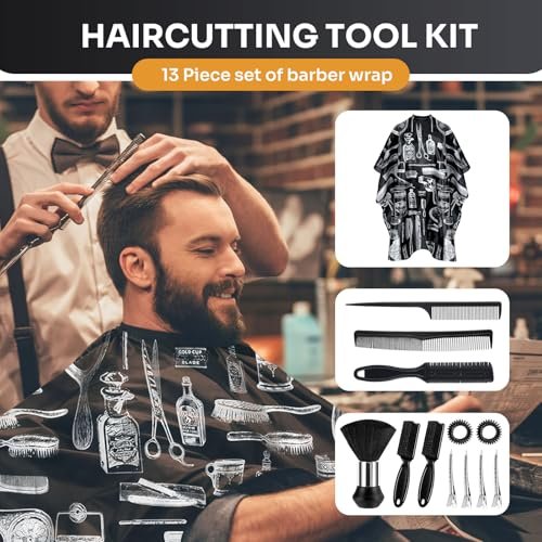 JZko Barber Cape 13-Piece Set with Neck Duster Brush - Extra Long 63"x55" Adjustable Hair Cutting Cape for Men, Women, Kids - Professional Salon & Home Use - görsel 14