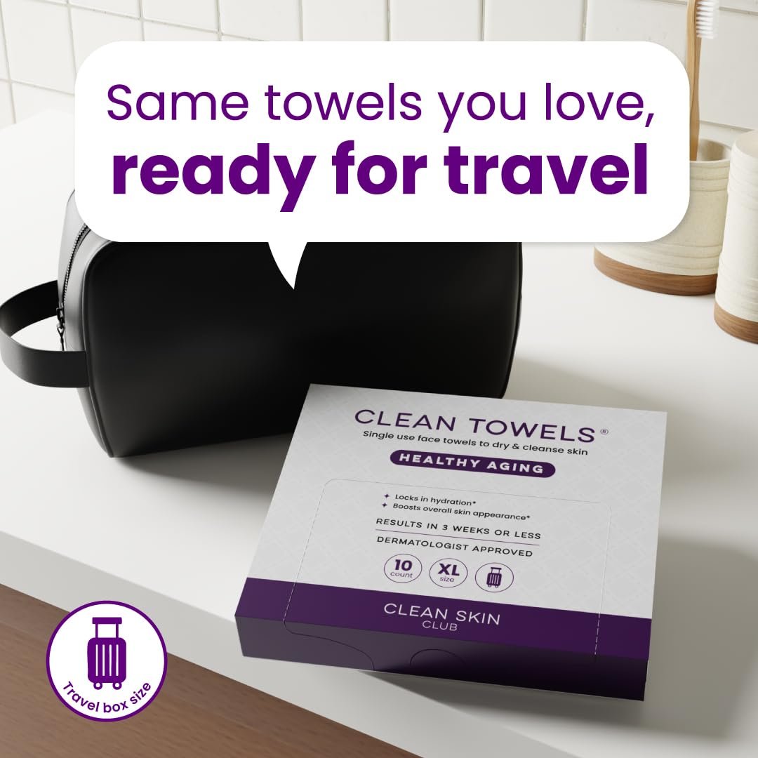 Clean Skin Club Healthy Aging Clean Towels® XL - Travel Pack - Disposable Face Towels for Smoothing Fine Lines & Wrinkles - TSA-Approved, 10 Count - görsel 5