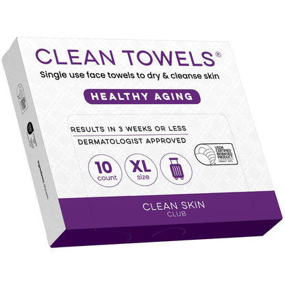 Clean Skin Club Healthy Aging Clean Towels® XL - Travel Pack - Disposable Face Towels for Smoothing Fine Lines & Wrinkles - TSA-Approved, 10 Count