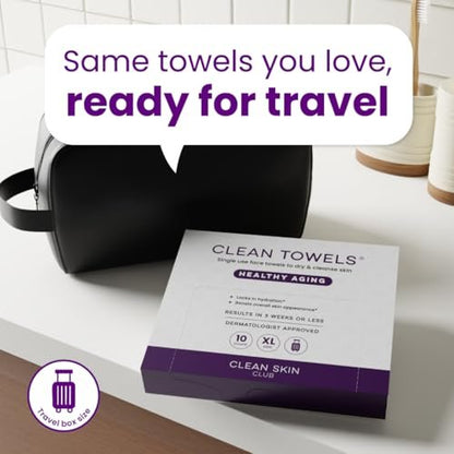 Clean Skin Club Healthy Aging Clean Towels® XL - Travel Pack - Disposable Face Towels for Smoothing Fine Lines & Wrinkles - TSA-Approved, 10 Count