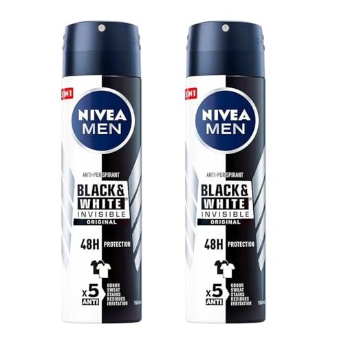 NIVEA Men Invisible for Black & White Original Deodorant Spray 150ml - No White Marks or Yellow Stains, Fresh Scent, Quick-Dry (Pack of 2) Avelisse