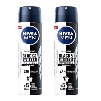 NIVEA Men Invisible for Black & White Original Deodorant Spray 150ml - No White Marks or Yellow Stains, Fresh Scent, Quick-Dry (Pack of 2) Avelisse