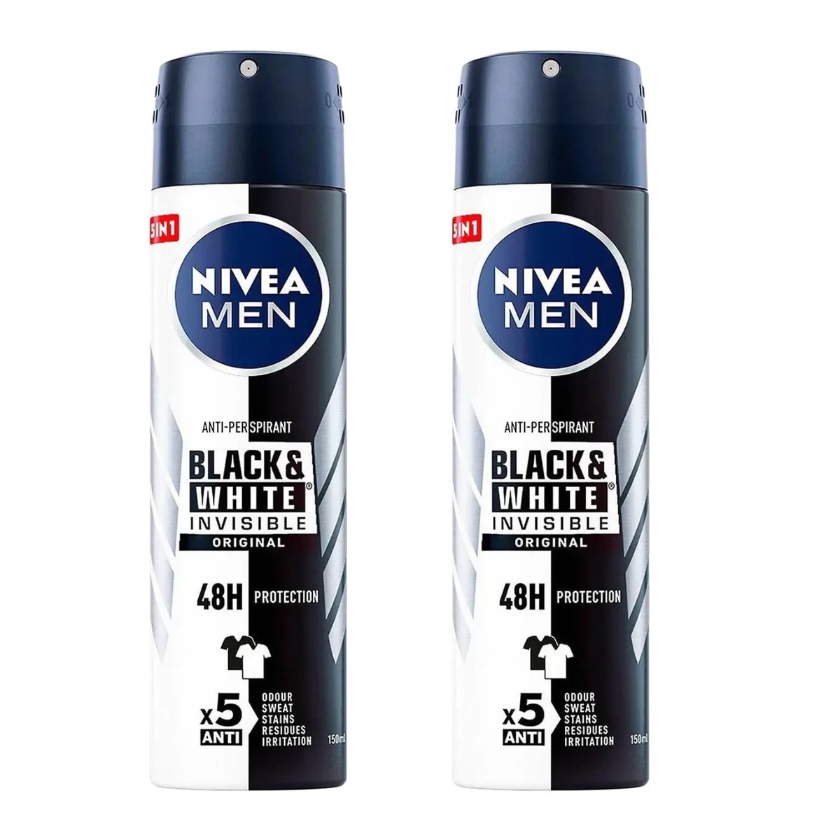 NIVEA Men Invisible for Black & White Original Deodorant Spray 150ml - No White Marks or Yellow Stains, Fresh Scent, Quick-Dry (Pack of 2) Avelisse