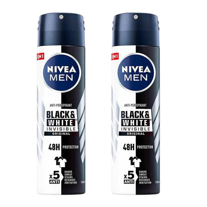 NIVEA Men Invisible for Black & White Original Deodorant Spray 150ml - No White Marks or Yellow Stains, Fresh Scent, Quick-Dry (Pack of 2) Avelisse