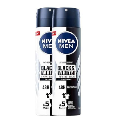 NIVEA Men Invisible for Black & White Original Deodorant Spray 150ml - No White Marks or Yellow Stains, Fresh Scent, Quick-Dry (Pack of 2) Avelisse