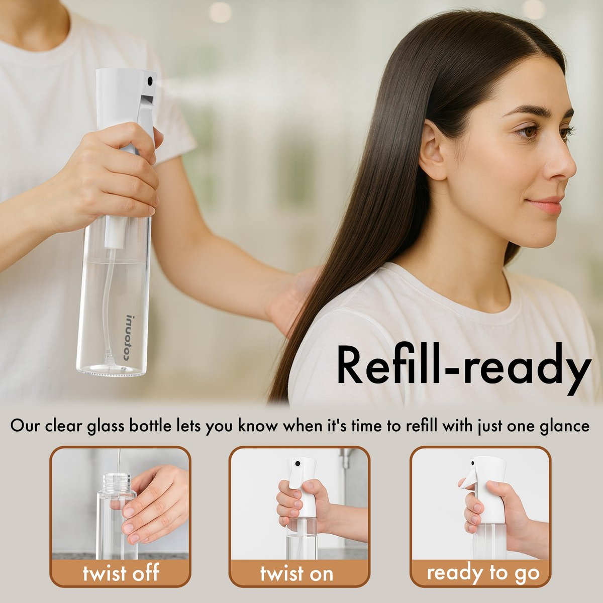 Cotouni Continuous Spray Bottle for Hair Care, Hydrating Skin Care, Plant Mister, Ironing & Cleaning – 10.1 fl oz Clear Glass - görsel 7