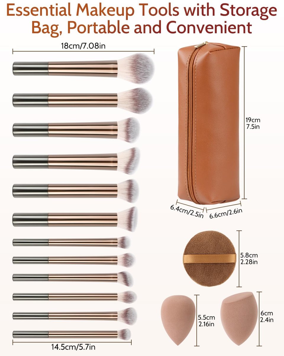 JOKHUE 12-Piece Makeup Brushes Set with 3 Sponges & Travel Bag – Soft Synthetic Bristles for Foundation, Concealer, Eyeshadow (Brown) - görsel 5