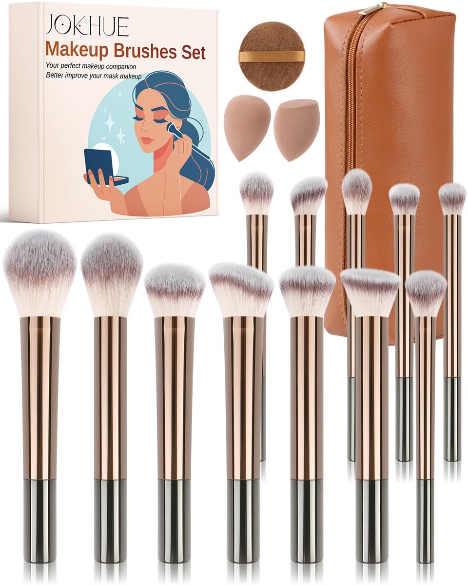 JOKHUE 12-Piece Makeup Brushes Set with 3 Sponges & Travel Bag – Soft Synthetic Bristles for Foundation, Concealer, Eyeshadow (Brown) - görsel 1