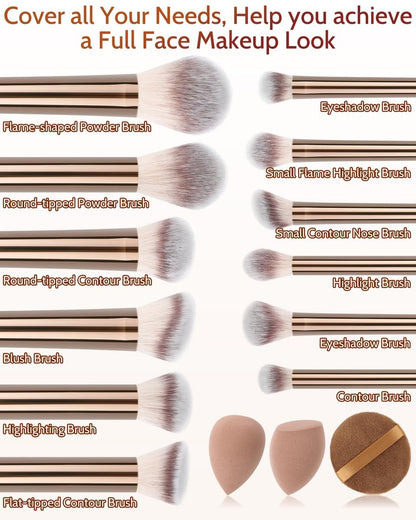 JOKHUE 12-Piece Makeup Brushes Set with 3 Sponges & Travel Bag – Soft Synthetic Bristles for Foundation, Concealer, Eyeshadow (Brown)