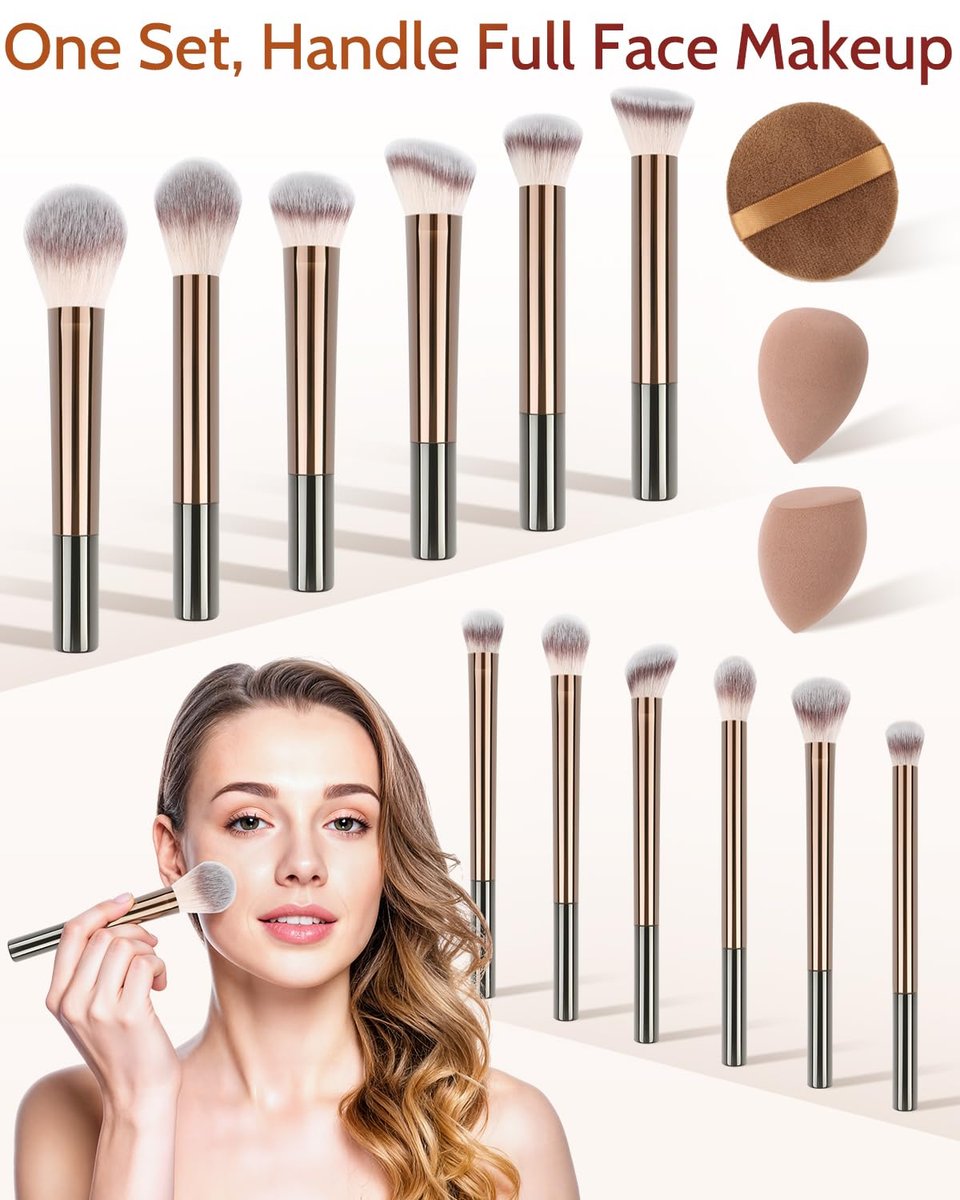 JOKHUE 12-Piece Makeup Brushes Set with 3 Sponges & Travel Bag – Soft Synthetic Bristles for Foundation, Concealer, Eyeshadow (Brown) - görsel 11