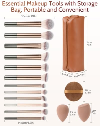 JOKHUE 12-Piece Makeup Brushes Set with 3 Sponges & Travel Bag – Soft Synthetic Bristles for Foundation, Concealer, Eyeshadow (Brown)