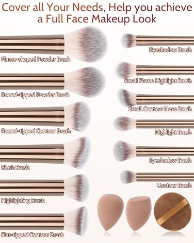 JOKHUE 12-Piece Makeup Brushes Set with 3 Sponges & Travel Bag – Soft Synthetic Bristles for Foundation, Concealer, Eyeshadow (Brown) - görsel 4