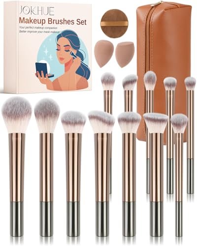 JOKHUE 12-Piece Makeup Brushes Set with 3 Sponges & Travel Bag – Soft Synthetic Bristles for Foundation, Concealer, Eyeshadow (Brown) - görsel 2