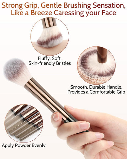 JOKHUE 12-Piece Makeup Brushes Set with 3 Sponges & Travel Bag – Soft Synthetic Bristles for Foundation, Concealer, Eyeshadow (Brown)