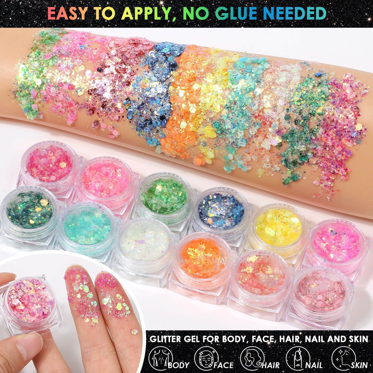 Flasoo Glow in the Dark Glitter Gel & UV Neon Liquid Eyeliner Pen Set – Multicolor Body Face Paint Kit for Rave, Party, Halloween, Anime Cosplay, Concerts, Festival, Carnival Avelisse