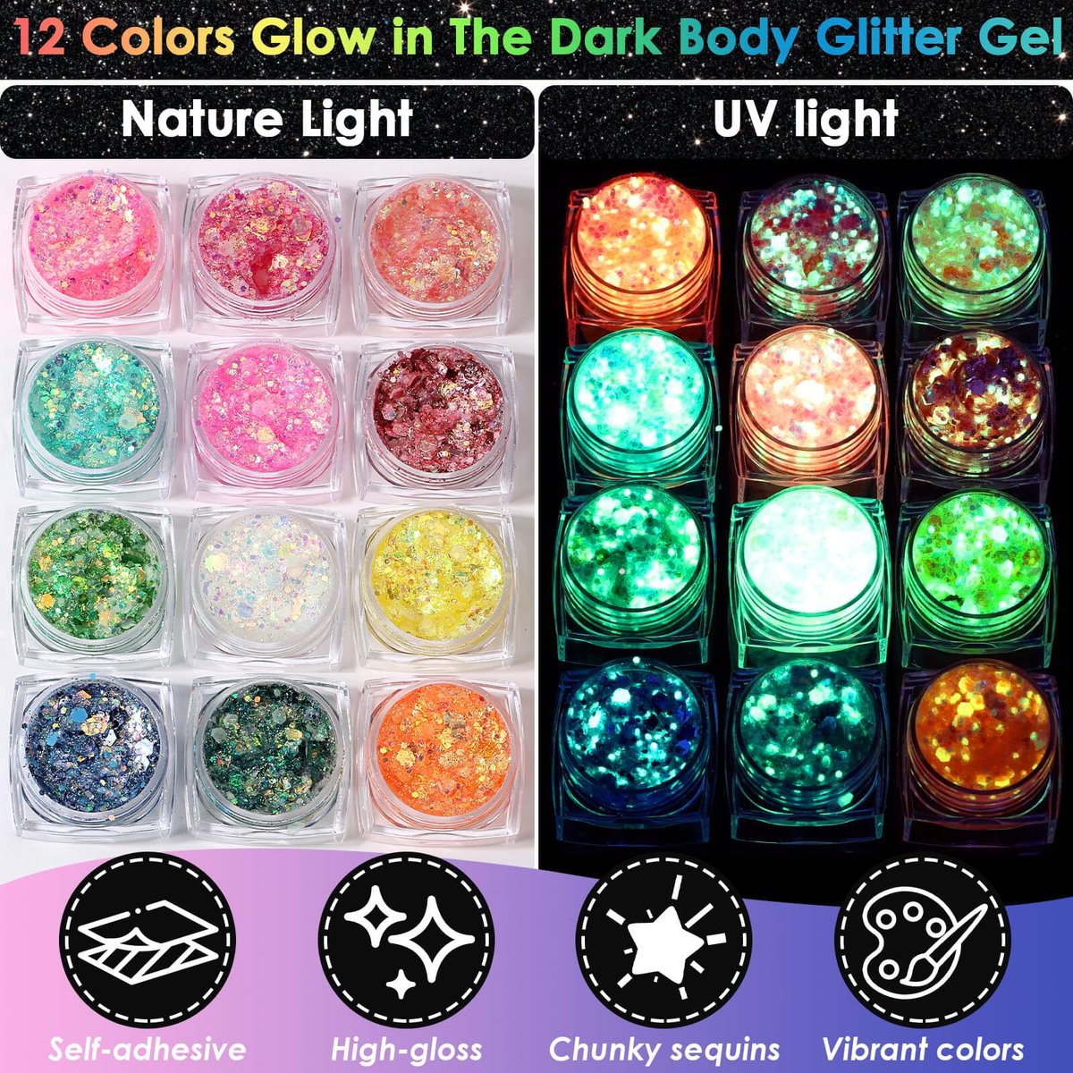 Flasoo Glow in the Dark Glitter Gel & UV Neon Liquid Eyeliner Pen Set – Multicolor Body Face Paint Kit for Rave, Party, Halloween, Anime Cosplay, Concerts, Festival, Carnival Avelisse