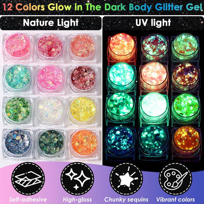 Flasoo Glow in the Dark Glitter Gel & UV Neon Liquid Eyeliner Pen Set – Multicolor Body Face Paint Kit for Rave, Party, Halloween, Anime Cosplay, Concerts, Festival, Carnival Avelisse