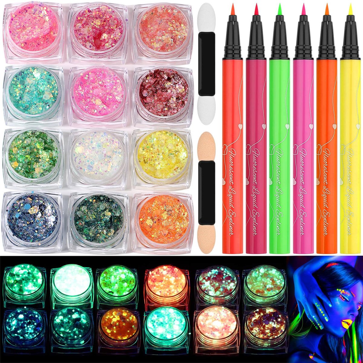 Flasoo Glow in the Dark Glitter Gel & UV Neon Liquid Eyeliner Pen Set – Multicolor Body Face Paint Kit for Rave, Party, Halloween, Anime Cosplay, Concerts, Festival, Carnival Avelisse