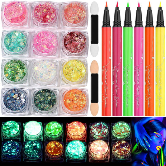 Flasoo Glow in the Dark Glitter Gel & UV Neon Liquid Eyeliner Pen Set – Multicolor Body Face Paint Kit for Rave, Party, Halloween, Anime Cosplay, Concerts, Festival, Carnival Avelisse