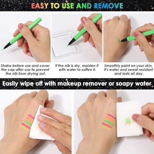Flasoo Glow in the Dark Glitter Gel & UV Neon Liquid Eyeliner Pen Set – Multicolor Body Face Paint Kit for Rave, Party, Halloween, Anime Cosplay, Concerts, Festival, Carnival Avelisse