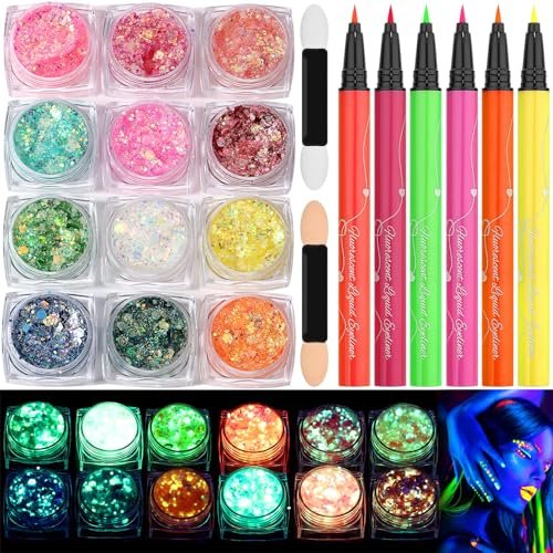 Flasoo Glow in the Dark Glitter Gel & UV Neon Liquid Eyeliner Pen Set – Multicolor Body Face Paint Kit for Rave, Party, Halloween, Anime Cosplay, Concerts, Festival, Carnival Avelisse
