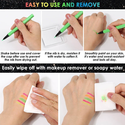 Flasoo Glow in the Dark Glitter Gel & UV Neon Liquid Eyeliner Pen Set – Multicolor Body Face Paint Kit for Rave, Party, Halloween, Anime Cosplay, Concerts, Festival, Carnival Avelisse