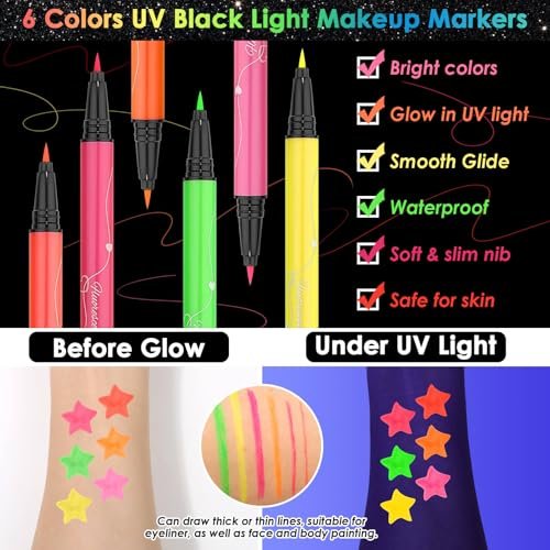 Flasoo Glow in the Dark Glitter Gel & UV Neon Liquid Eyeliner Pen Set – Multicolor Body Face Paint Kit for Rave, Party, Halloween, Anime Cosplay, Concerts, Festival, Carnival Avelisse
