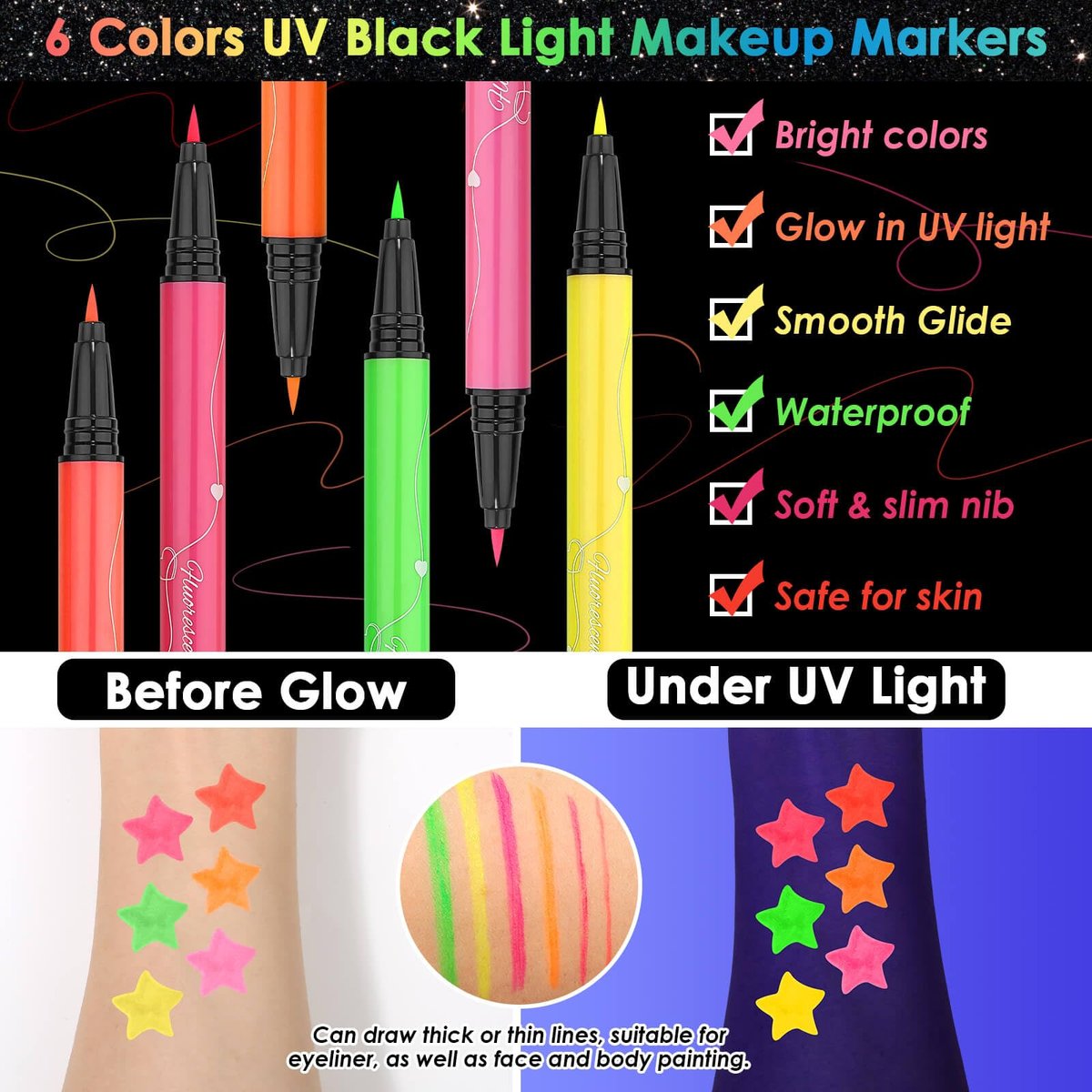 Flasoo Glow in the Dark Glitter Gel & UV Neon Liquid Eyeliner Pen Set – Multicolor Body Face Paint Kit for Rave, Party, Halloween, Anime Cosplay, Concerts, Festival, Carnival Avelisse