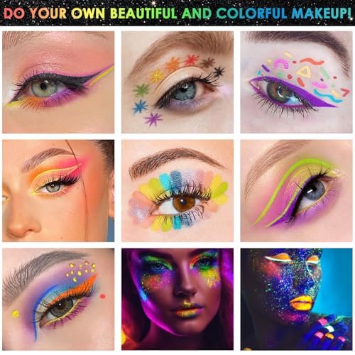 Flasoo Glow in the Dark Glitter Gel & UV Neon Liquid Eyeliner Pen Set – Multicolor Body Face Paint Kit for Rave, Party, Halloween, Anime Cosplay, Concerts, Festival, Carnival Avelisse