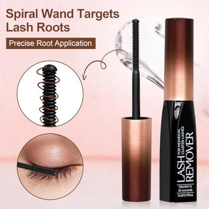 Pretty Memory Eyelash Glue Remover for Cluster & Individual Lashes – 5ml Gentle Liquid Remover with Spiral Brush for Precise Root Application, Fast Bond Dissolving in Seconds, At-Home Self Use Only