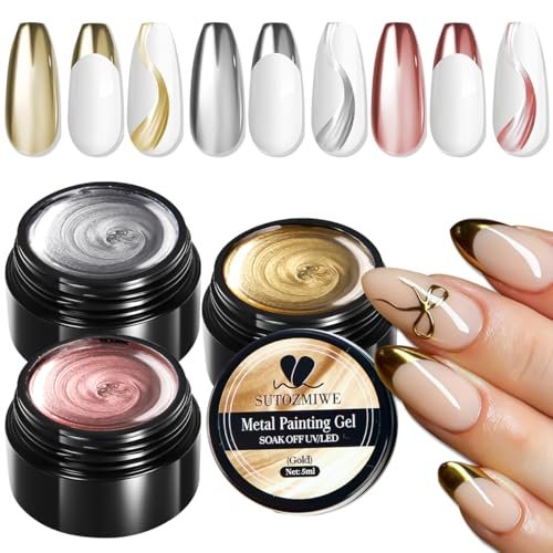 SUTOZMIWE 3D Metallic Chrome Gel Nail Polish Set – Gold, Silver & Rose Gold Mirror Effect, Soak-Off, 0.06 Fl Oz (Pack of 3) Avelisse
