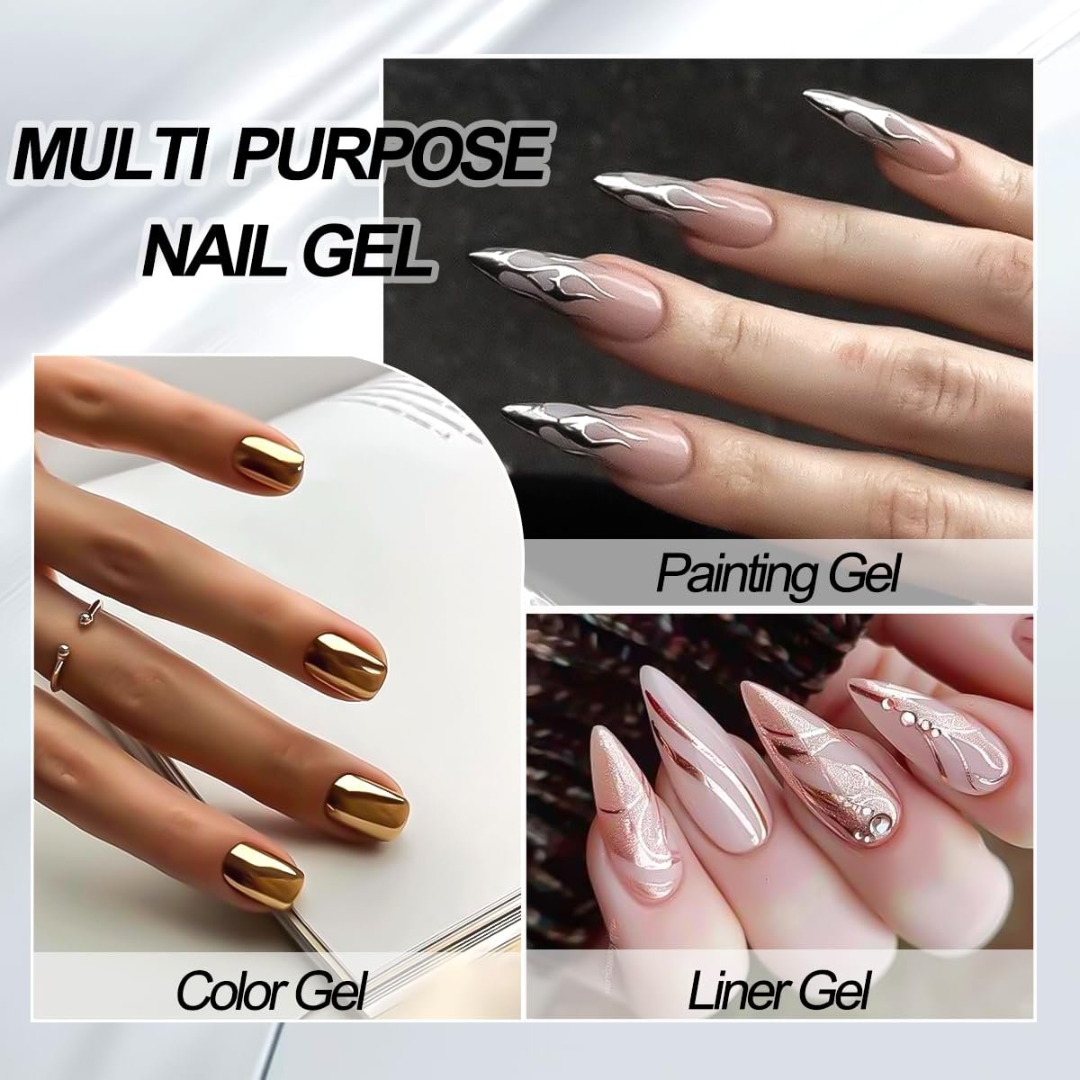SUTOZMIWE 3D Metallic Chrome Gel Nail Polish Set – Gold, Silver & Rose Gold Mirror Effect, Soak-Off, 0.06 Fl Oz (Pack of 3) Avelisse