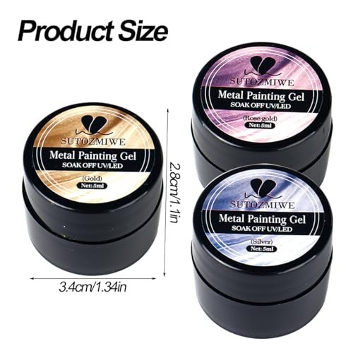 SUTOZMIWE 3D Metallic Chrome Gel Nail Polish Set – Gold, Silver & Rose Gold Mirror Effect, Soak-Off, 0.06 Fl Oz (Pack of 3) Avelisse
