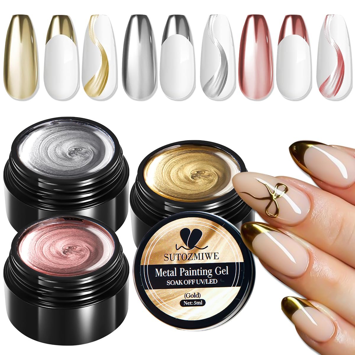 SUTOZMIWE 3D Metallic Chrome Gel Nail Polish Set – Gold, Silver & Rose Gold Mirror Effect, Soak-Off, 0.06 Fl Oz (Pack of 3) Avelisse