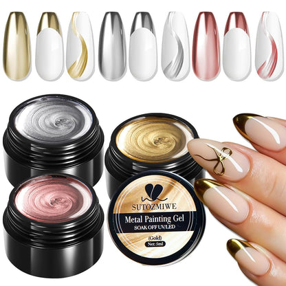 SUTOZMIWE 3D Metallic Chrome Gel Nail Polish Set – Gold, Silver & Rose Gold Mirror Effect, Soak-Off, 0.06 Fl Oz (Pack of 3) Avelisse