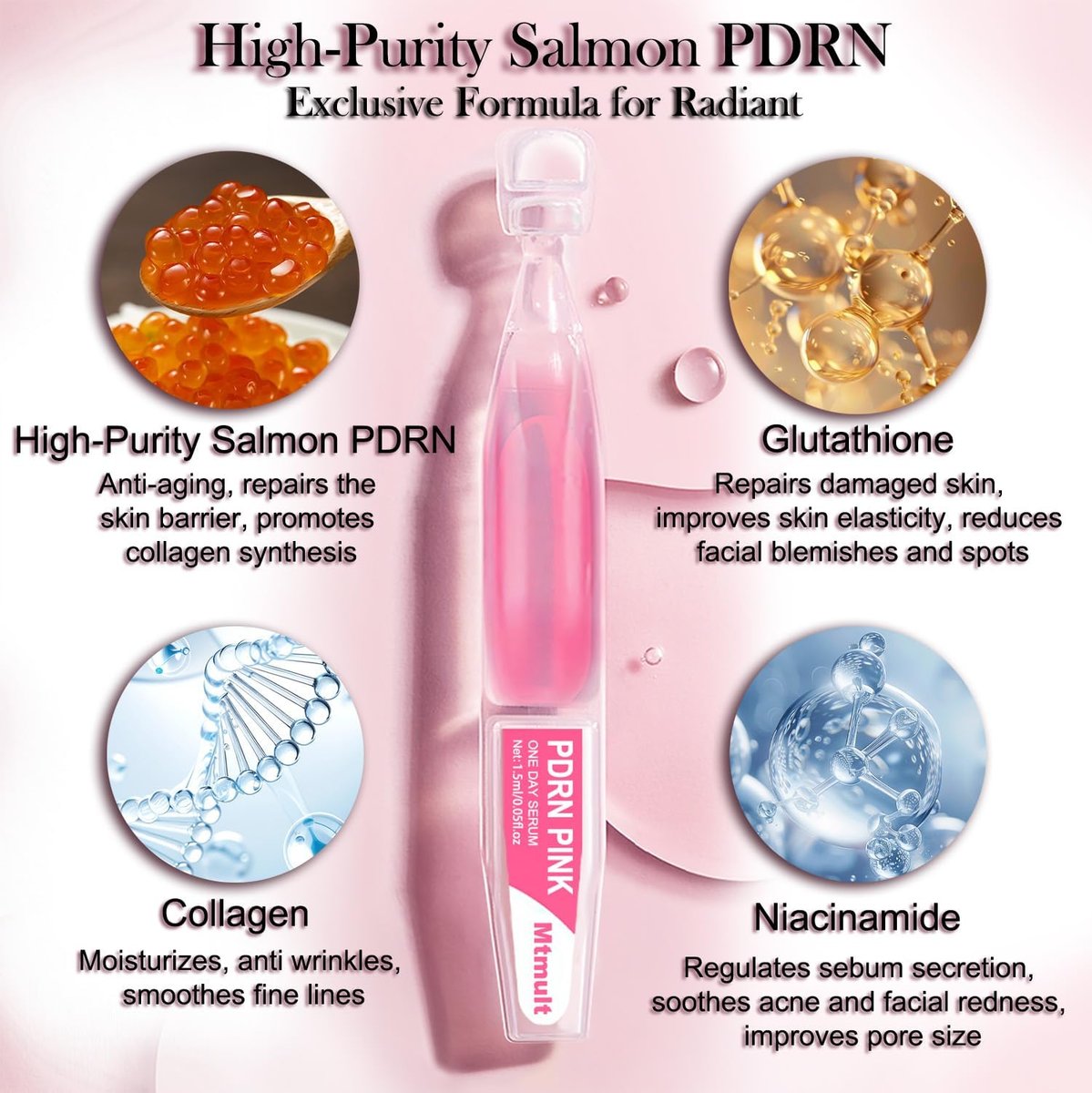 Mtmult Salmon PDRN Serum - Intense Firming, Repairing, Moisturizing with Collagen, Glutathione, Hyaluronic Acid (0.05 fl.oz x 10) Avelisse