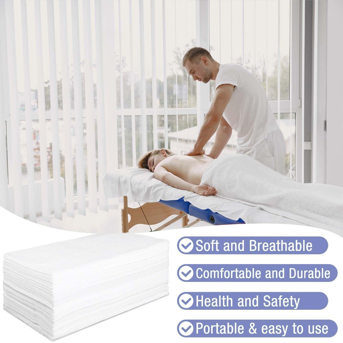 100 Pack 31.5" x 71" Disposable Massage Bed Cover - White Non-Woven Fabric Waterproof Breathable Sheets for Spa & Beauty Avelisse