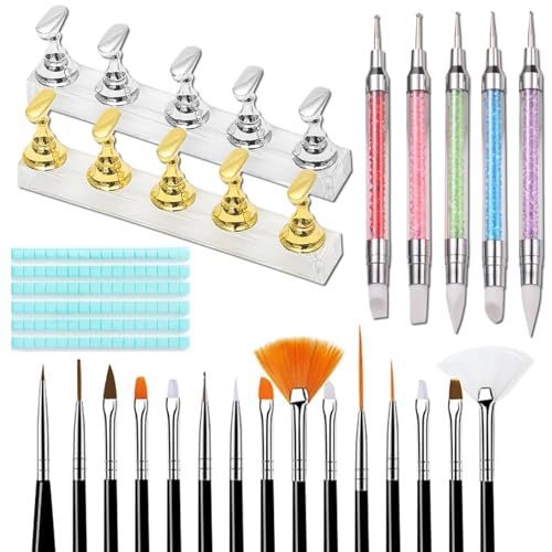 15-Piece Nail Art Brush Set + Nail Stand & 96 Reusable Putty - Complete DIY Nail Art Tools Kit Avelisse