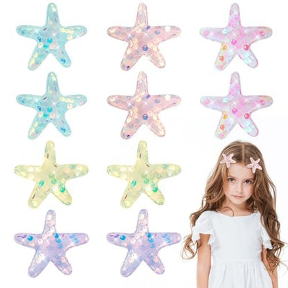 Guduling 10 Pcs Mermaid Hair Clip Set - Glitter Starfish & Shell Hair Clips, Sequins Snap Hair Clips for Women & Girls, Beach Wedding Hairstyle Tool, Multicolor