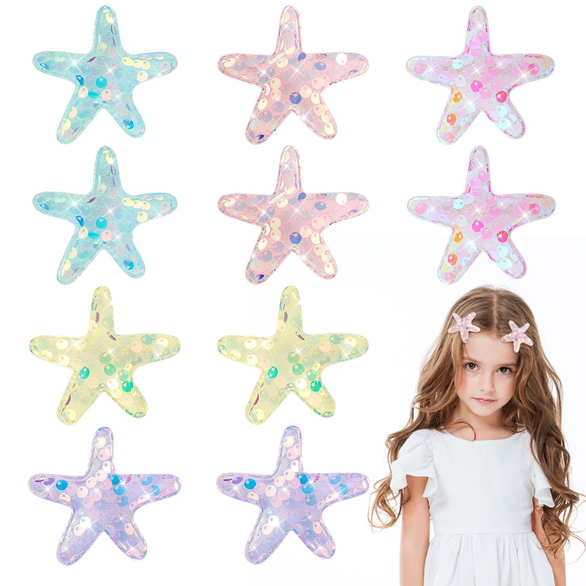 Guduling 10 Pcs Mermaid Hair Clip Set - Glitter Starfish & Shell Hair Clips, Sequins Snap Hair Clips for Women & Girls, Beach Wedding Hairstyle Tool, Multicolor - görsel 1