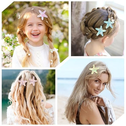 Guduling 10 Pcs Mermaid Hair Clip Set - Glitter Starfish & Shell Hair Clips, Sequins Snap Hair Clips for Women & Girls, Beach Wedding Hairstyle Tool, Multicolor